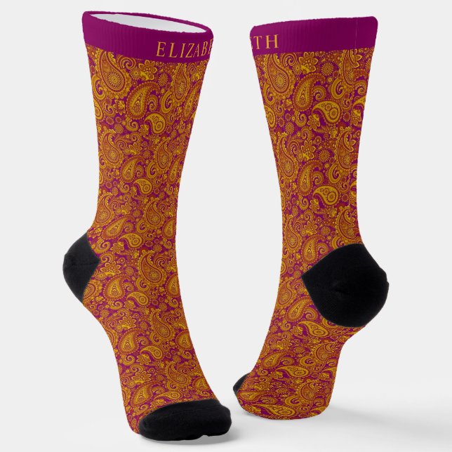 Custom dark Purple Yellow Orange Paisley Pattern Socks (Angled)