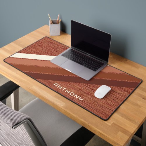 Custom Dark Red Brown Stripes Art On Faux Wood Desk Mat