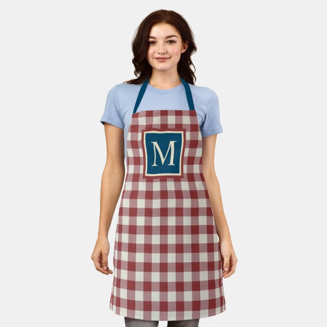 Custom Dark Red Teal Blue Ivory Gingham Pattern Apron (Worn)