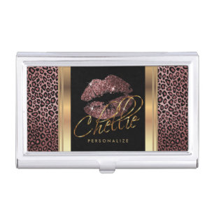 Custom - Dark Rose Glitter Lips on Gold & Leopard Business Card Case
