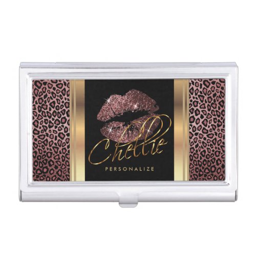Custom _ Dark Rose Glitter Lips on Gold  Leopard Business Card Case