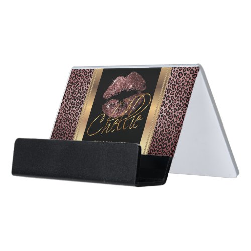 Custom _ Dark Rose Glitter Lips on Gold  Leopard Desk Business Card Holder