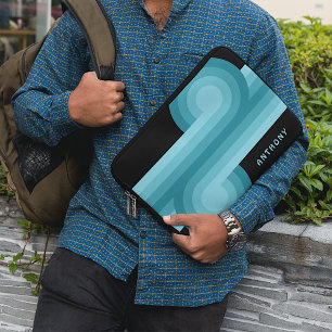 Custom Dark Teal Blue Aqua Black Retro Pattern Laptop Sleeve