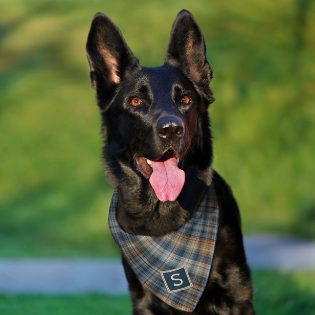 Custom Dark Teal Blue Beige Tan Plaid Gingham Pet Bandana Collar (Dog)