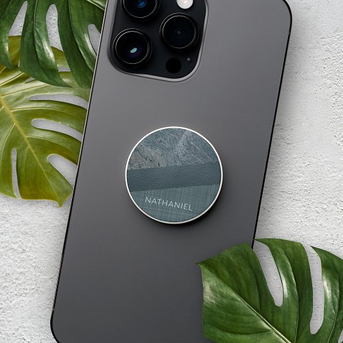 Custom Dark Teal Blue Gray Leather Marble Look PopSocket