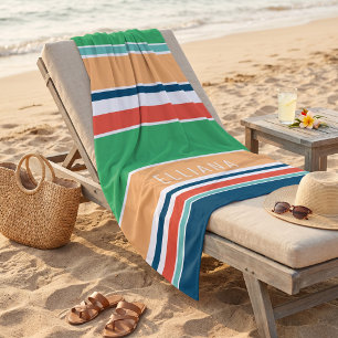 Custom Dark Teal Blue Green Orange Yellow Stripes Beach Towel