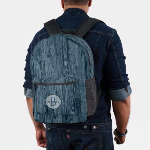 Custom Dark Teal Blue Woodgrain Pattern Printed Backpack
