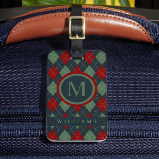 Custom Dark Teal Green Red Argyle Pattern Luggage Tag