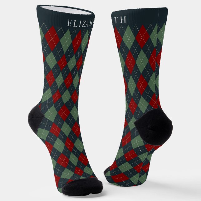 Custom Dark Teal Green Red Argyle Pattern Socks (Angled)