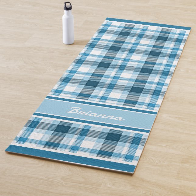 Custom Dark Teal Light Blue White Plaid Tartan Yoga Mat (In Situ)