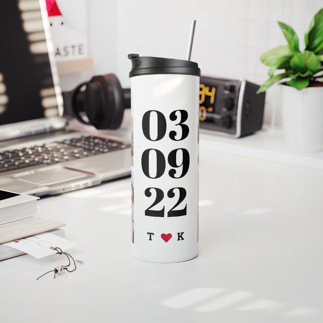 Custom Date 4 Photo Collage Initials Modern Gift Thermal Tumbler (Creator Uploaded)