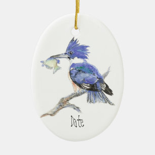Custom Date or Text Christmas Kingfisher Bird Ceramic Ornament