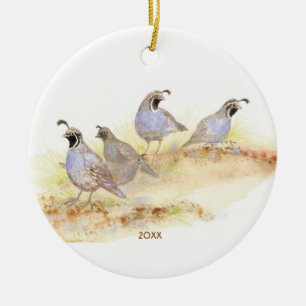 Custom Date or Text Watercolor California Quail Ceramic Ornament