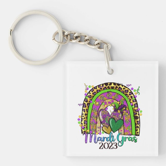 Custom Date Rainbow Mardi Gras Keychain (Front)