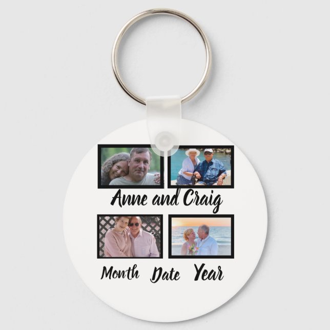 Custom Date Wedding Anniversary 4 Photo Collage  Keychain (Front)