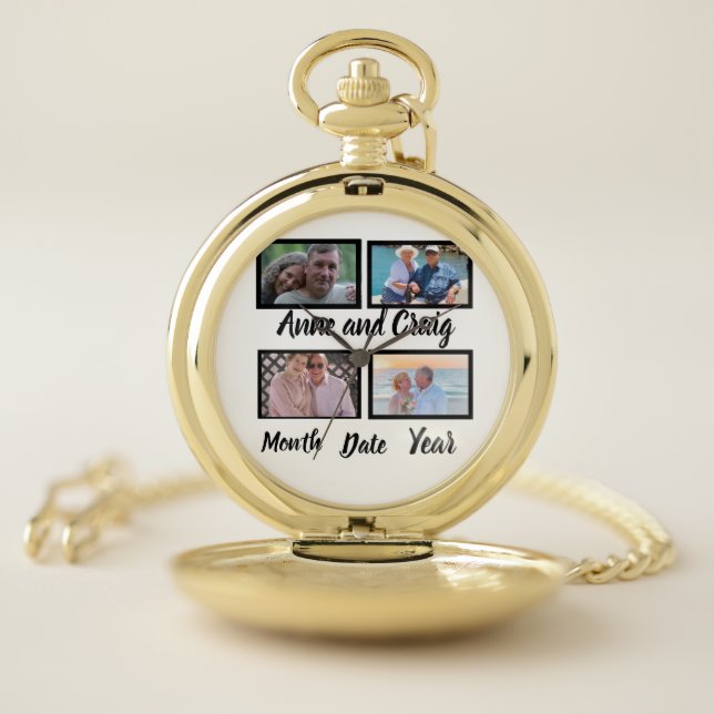 Custom Date Wedding Anniversary 4 Photo Collage  Pocket Watch (Inside)