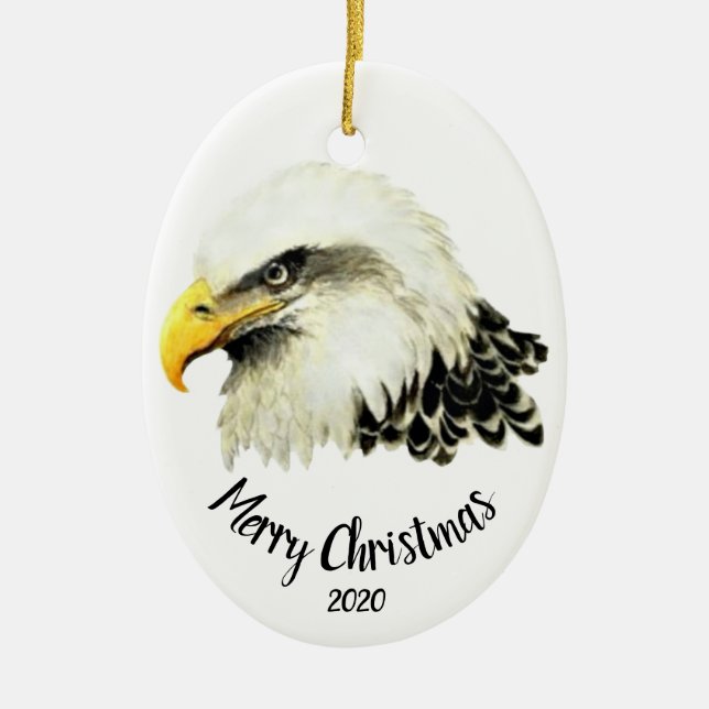 Custom Dated Bald Eagle Owl Bird Merry Christmas Ceramic Ornament (Front)
