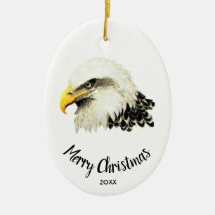 Custom Dated Bald Eagle Owl Bird Merry Christmas Ceramic Ornament