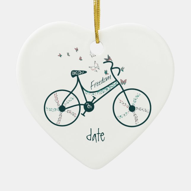 Custom Dated Bike Butterflies, Flowers & Freedom Ceramic Ornament (Front)