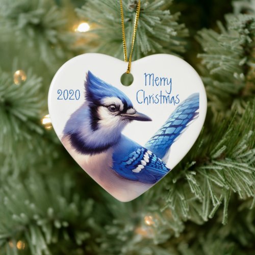 Custom Dated Blue Jay Bird Watercolor Art Ceramic Ornament