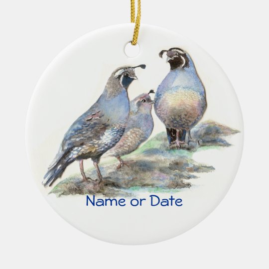 Custom Dated California Quail Watercolor Bird Ceramic Ornament