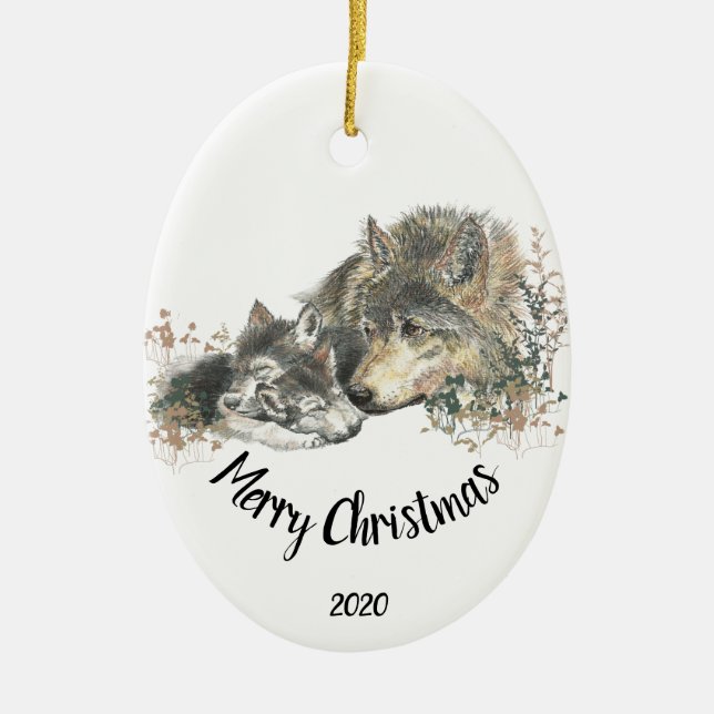 Custom Dated Caring Wolf & Cub caregiving animal Ceramic Ornament (Front)