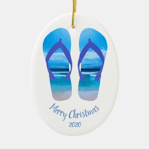 Custom Dated Christmas Beach Scene Flip Flops Ceramic Ornament