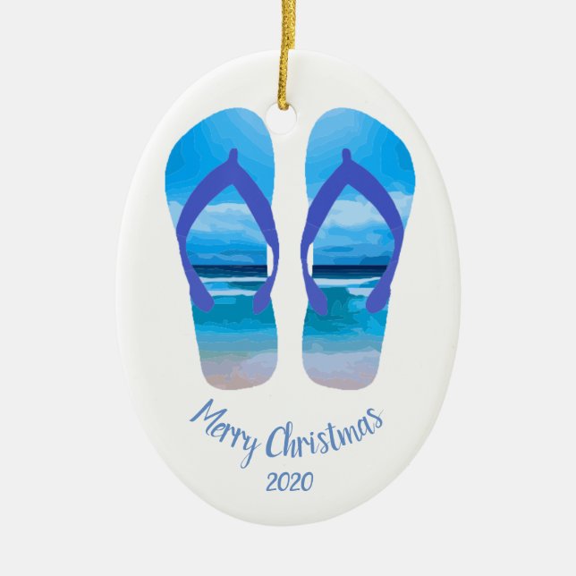 Custom Dated Christmas Beach Scene Flip Flops Ceramic Ornament (Front)