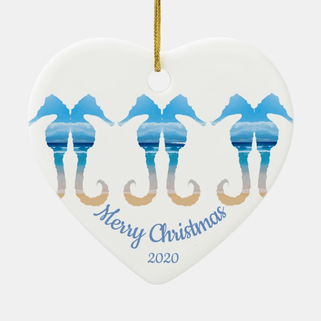 Custom Dated Christmas Beach Scene Sea Horses Ceramic Ornament (Back)
