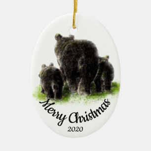 Custom Dated Christmas Bear Family Animal art Ceramic Ornament