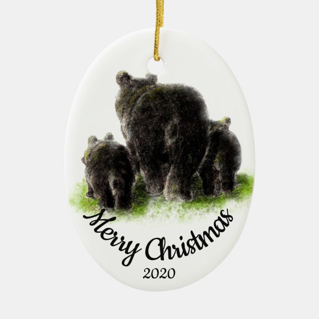 Custom Dated Christmas Bear Family Animal art Ceramic Ornament (Front)
