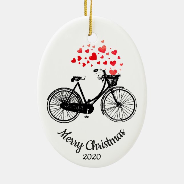 Custom Dated Christmas Bike Love Hearts Ceramic Ornament (Back)