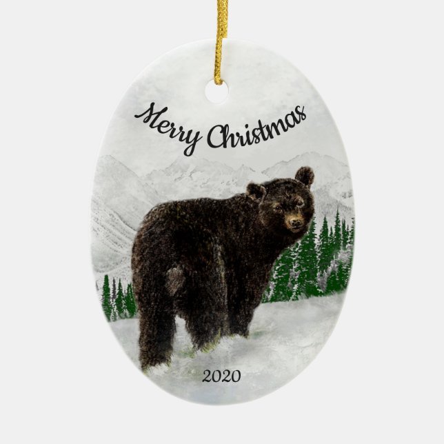 Custom Dated Christmas Black Bear Animal Ceramic Ornament (Front)