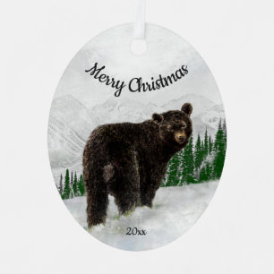 Custom Dated Christmas Black Bear Animal  Metal Ornament