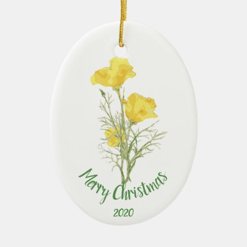 Custom Dated Christmas California Poppy Flower Art Ceramic Ornament