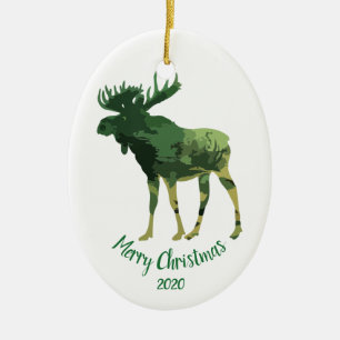 Custom Dated Christmas Camouflage Moose Fun Art Ceramic Ornament