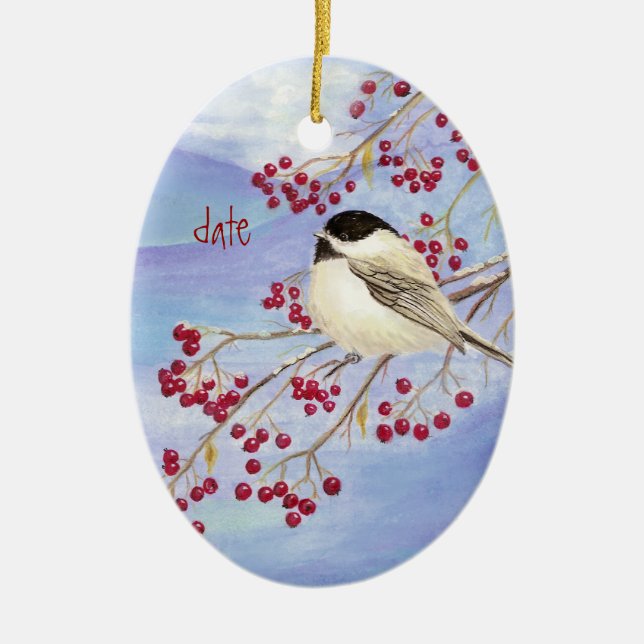 Custom Dated Christmas Chickadee Bird & Berries Ceramic Ornament (Front)
