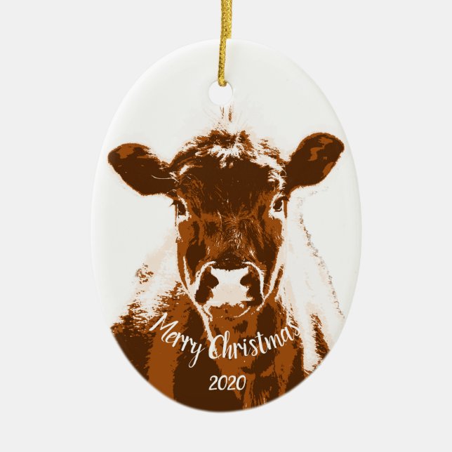 Custom Dated Christmas Cow Farm Animal Ceramic Ornament (Front)