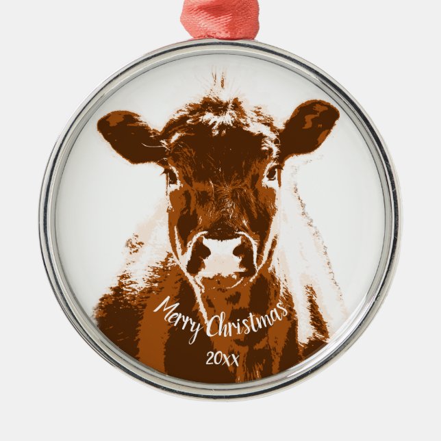 Custom Dated Christmas Cow Farm Animal   Metal Ornament (Front)