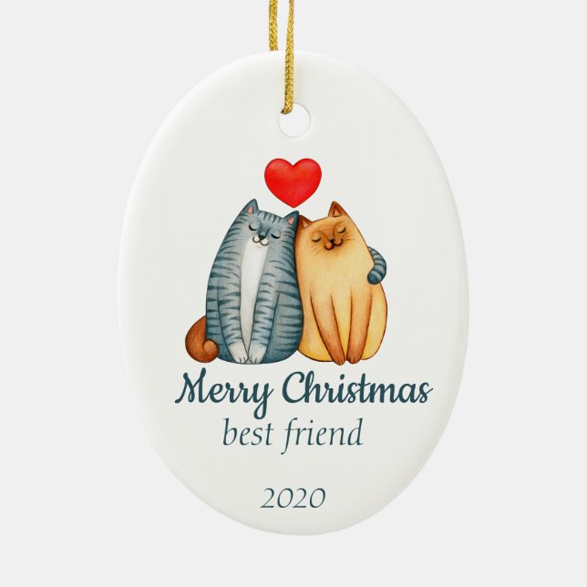 Custom Dated Christmas Cute Cats Best Friend  Ceramic Ornament (Back)