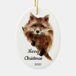 Custom Dated Christmas Cute Red Fox Animal Ceramic Ornament