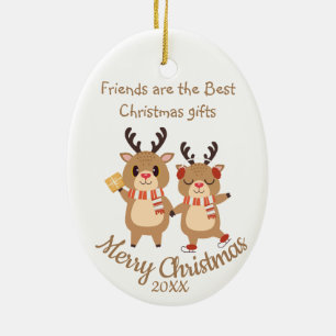 Custom Dated Christmas Cute Reindeers Friends Ceramic Ornament