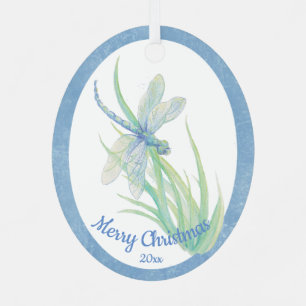 Custom Dated Christmas Dragonfly Watercolor art Metal Ornament