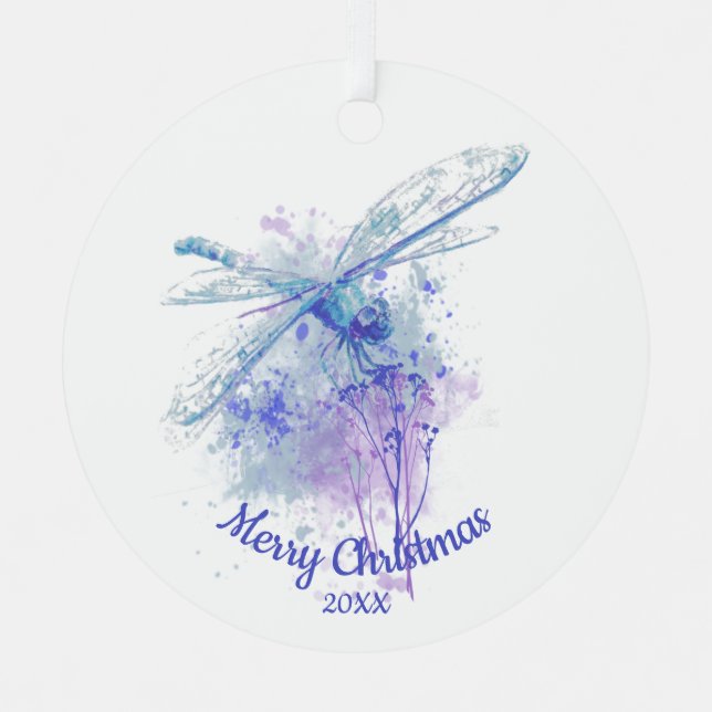 Custom Dated Christmas Dragonfly Watercolor art  Metal Ornament (Front)