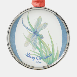 Custom Dated Christmas Dragonfly Watercolor art  Metal Ornament