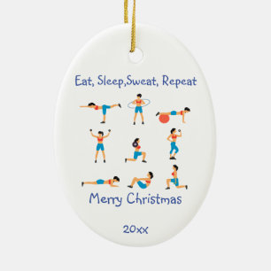 Custom Dated Christmas Eat Sleep Sweat Repeat Ceramic Ornament