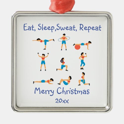 Custom Dated Christmas Eat Sleep Sweat Repeat Metal Ornament