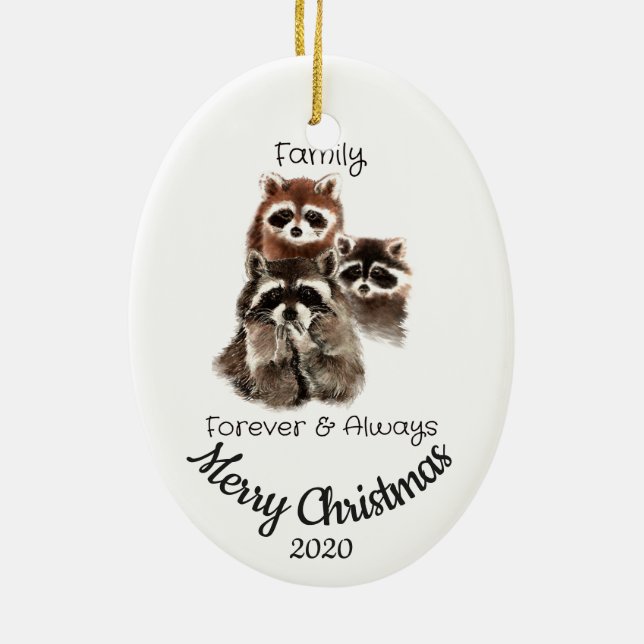 Custom Dated Christmas Family Quote Raccoon fun Ceramic Ornament (Back)