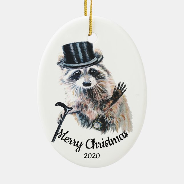 Custom Dated Christmas Formal Raccoon Fun Ceramic Ornament (Back)