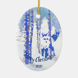 Custom Dated Christmas Fox in Birch Tree Forest Ceramic Ornament